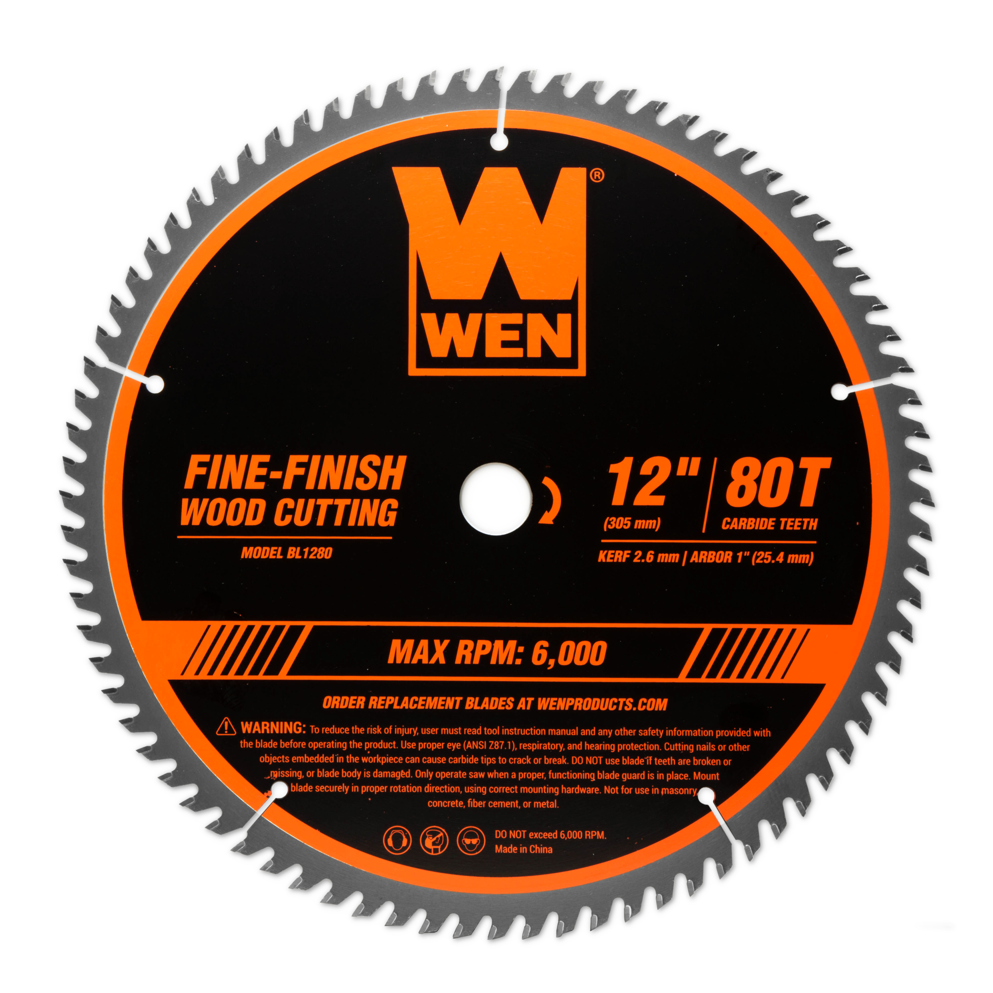 WEN, 12in. 80-Tooth Fine-Finish Woodworking Saw Blade, Blade Diameter 12 in, Included (qty.) 1, Model# BL1280